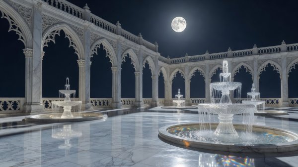 A bright moonlit Camelot palace terrace with white marble arches and crystal fountains
