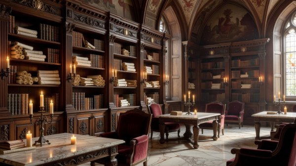 A peaceful royal archive salon with ivory parchment, carved bookshelves, and candlelit marble tables